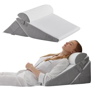Wedge Pillow Headboard, 3PCS Orthopedic Bed Wedge Pillows Set for After Surgery, Adjustable Pillow Wedge for Acid Reflux&Back Pain Relief, Sleeping, Back Pillow for Bed Sitting Up, White/Grey (Adjustable 9&12 Inch + 1 Head Pillow, White/Grey)