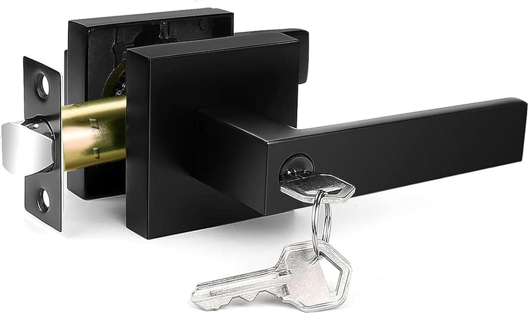 Matte Black Door Handle, Door Knobs with Lock and Key, Interior & Exterior Door Handles with Reversible Lever, Heavy Duty Lock Set for Bedroom Bathroom, 1-Pack