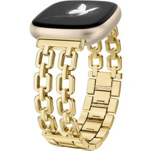 Wearlizer Metal Band Compatible with Fitbit Versa 4 Bands for Woman/Versa 3/Sense 2/Sense Bands Women, Dressy Chain Strap Designer Stainless Steel Bracelet Wristband (Gold)
