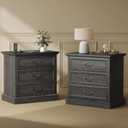 Huuger Nightstand with Charging Station, 3 Drawer Night Stand Set of 2, 22 Inch Wider Side Table with Storage, Farmhouse Nightstand with Vintage Handles, Thicken Base, for Bedroom, Black