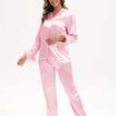 MORFORU Satin Pajama Set for Women Feather Trim Long Sleeve Pjs with Sleep Mask Headband Scrunchie Sleepwear Lounge Set (Pink), Small
