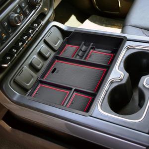 EDBETOS Console Organizer Compatible with 2014-2018 Chevy Silverado/GMC Sierra 1500 and 2015-2019 Silverado/Sierra 2500HD/3500HD Accessories Compartment Insert Tray - Full Console w/Bucket Seats ONLY (Red Trim)