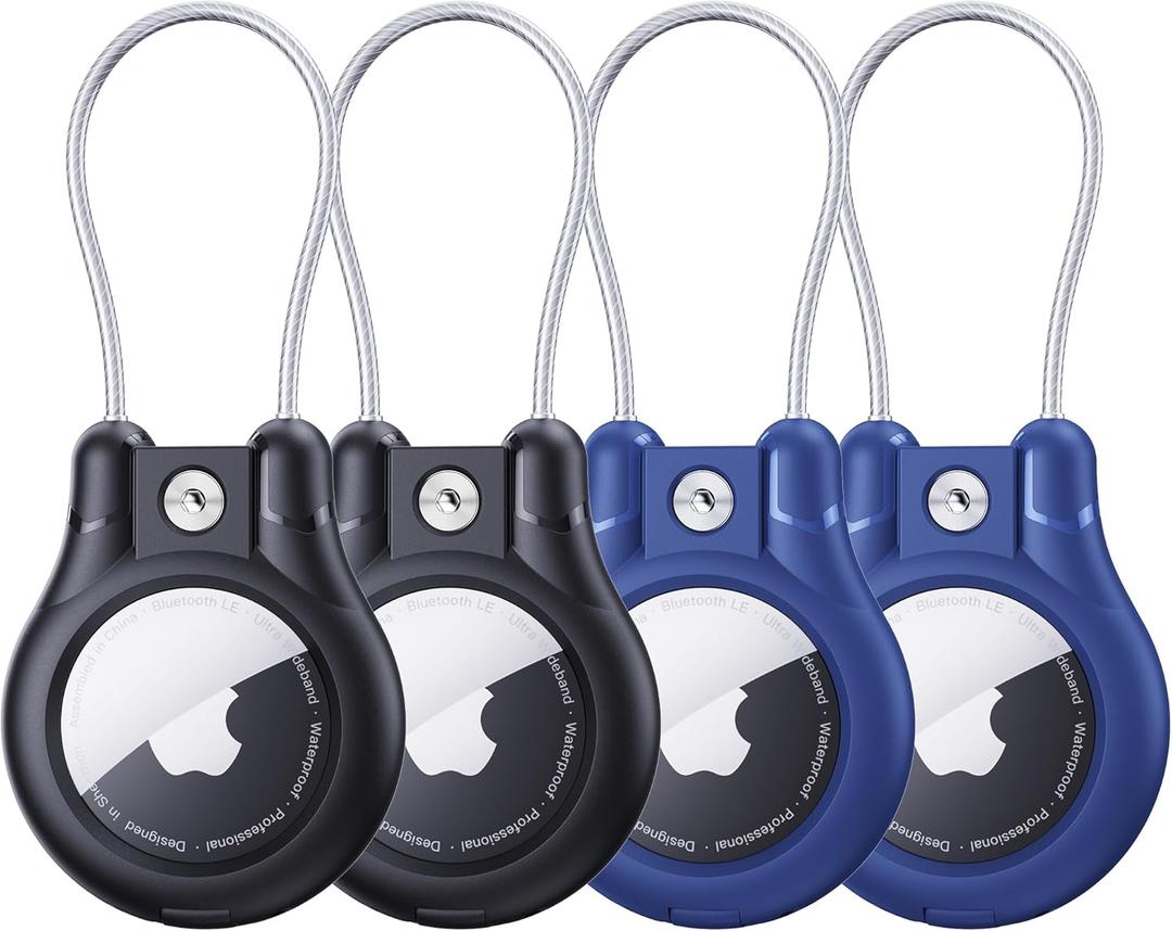 IPX8 Waterproof for AirTag Holder - 4 Pack Lock Case with Keychain for Apple AirTag 1st & 2nd Generation, Air Tag Keyring with Wire Cable, Secure AirTag Cover for Keys, Kids, Luggage, Bags, Pet Collar (2BLACK+2BLUE)