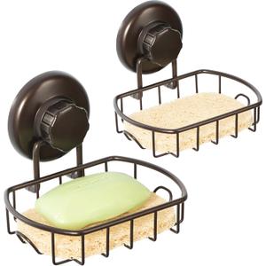 HASKO 2 Pack Suction Cup Soap Dish for Shower Wall, Rustproof Stainless Steel, Shower Soap Holder with Hooks, Includes Optional No Drill Adhesive Mount for Bathroom, 2 Soap Savers, Bronze