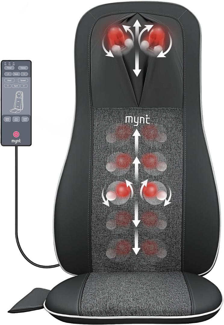 Mynt Shiatsu Neck and Back Massager with Heat, 3D Kneading Full Back Massager for Pain Relief Deep Tissue, Foldable Adjustable Chair Massager for Home Office, Black