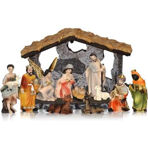Geetery Cartoon Christmas Nativity Set Includes Manger and Figurines Rustic Resin Xmas Colorful Nativity Scene Religious Table Figurines Decorations for Christian Tabletop Home Decor (Simple)