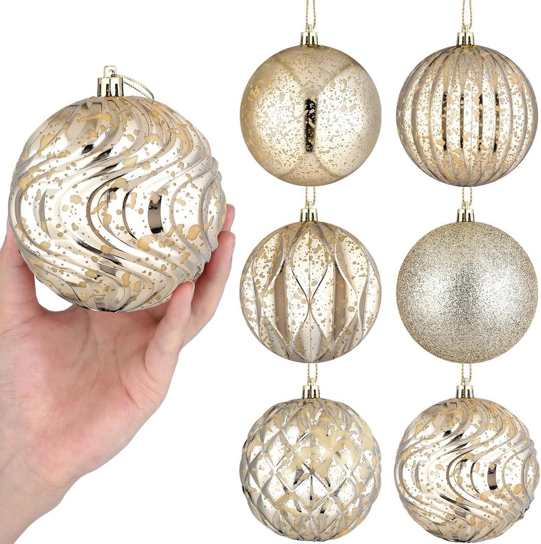 VioraWhite 6 Pcs Extra Large Mercury Christmas Ball Ornaments 4" Champagne Gold Christmas Hanging Ornaments Plastic Shatterproof Glitter Winter Vintage Mercury Balls Xmas Tree Decorations for Xmas