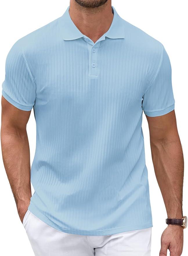 Polo Shirts for Men Short Sleeve Summer Casual Golf Shirts Collared Textured Slim Fit Button Men's Polo T Shirts Medium