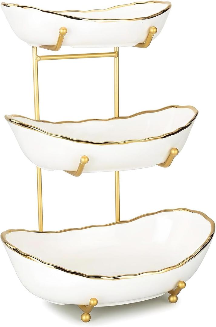 White Ceramic 3 Tier Modern Fruit Bowl with Metal Stand, Tiered Fruit Tray for Kitchen Counter, Snacks Nuts Bread Candy Storage