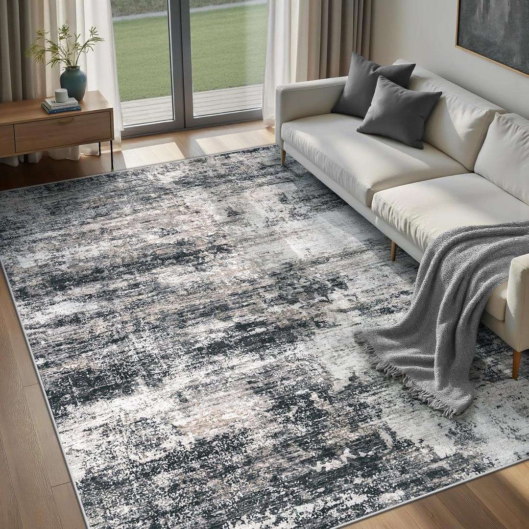 Area Rugs for Living Room: 5x7 Washable Rug Modern Abstract Neutral Soft Rug Non-Slip Low-Pile Indoor Floor Carpet for Bedroom Nursery Dining Room Home Office (Black Brown, 5'x7')