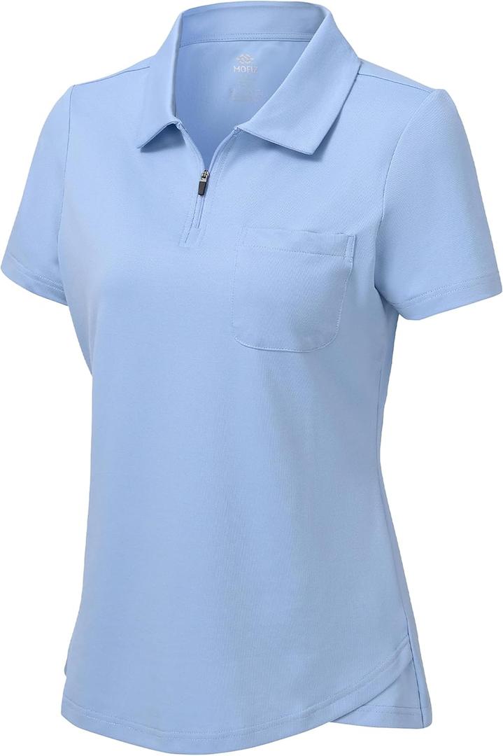 MoFiz Womens Zip up Golf Polo Shirt Short Sleeve Workout Golf Top Moisture Wicking Lightweight Tennis Shirts (Blue, XL)