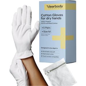 Clearbody Organics 100% Organic Cotton Gloves - 5 Pairs of White Gloves, M - Hand Moisturizer - Sleeping Mitts for Dry Hands - Washable Cotton Liners for Men & Women