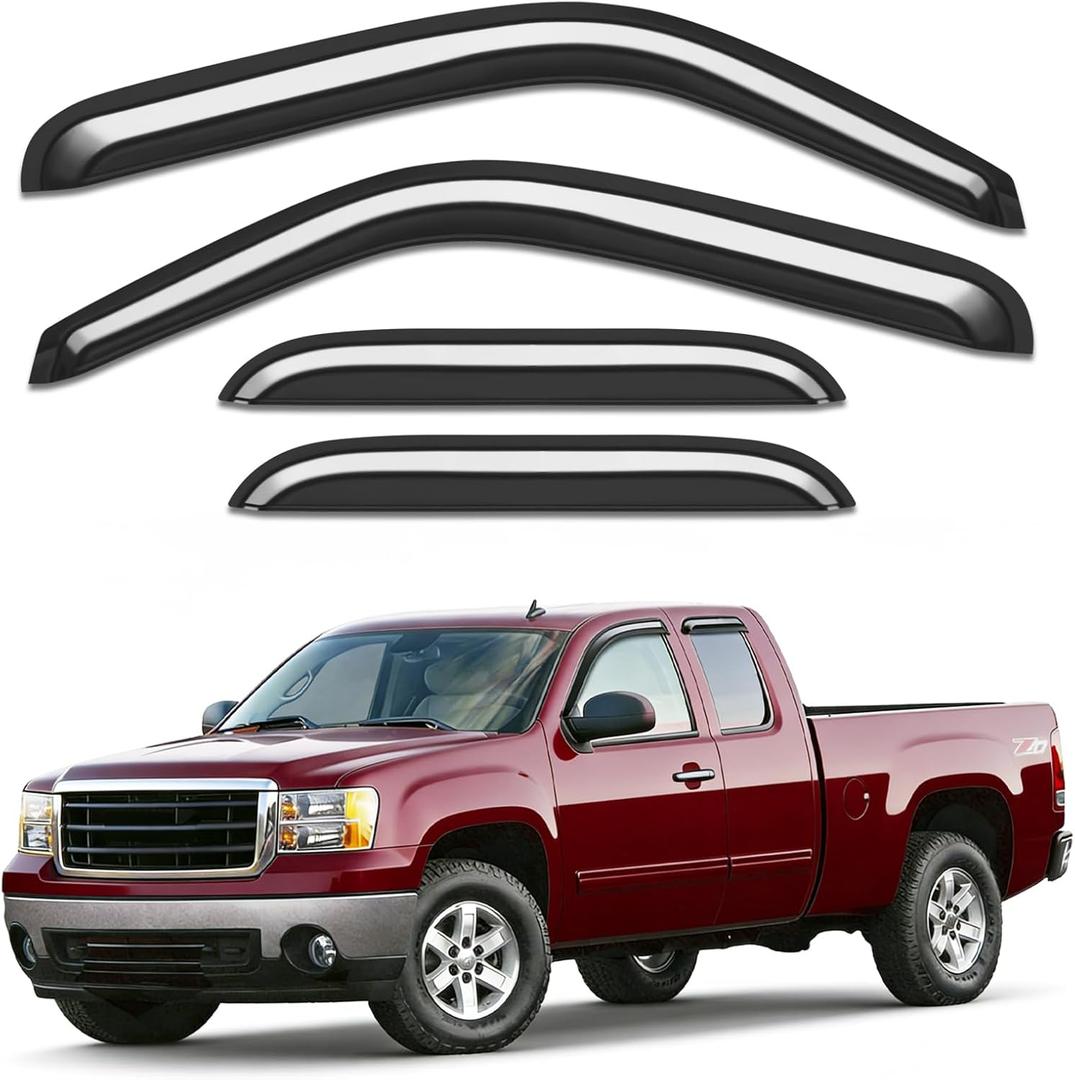 Outside-Mount Window Rain Guards Fit for 1999-2006 Chevy Silverado/GMC Sierra Extended Cab, Window Visors Wind Deflector Dark Smoke Vent Shades Car Tape-on with Thicker 4-pcs