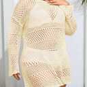 Beautife Womens Plus Size Swimsuit Cover Up Crochet Long Sleeve Mesh Knit Crew Neck Beach Coverup Dress (Beige)