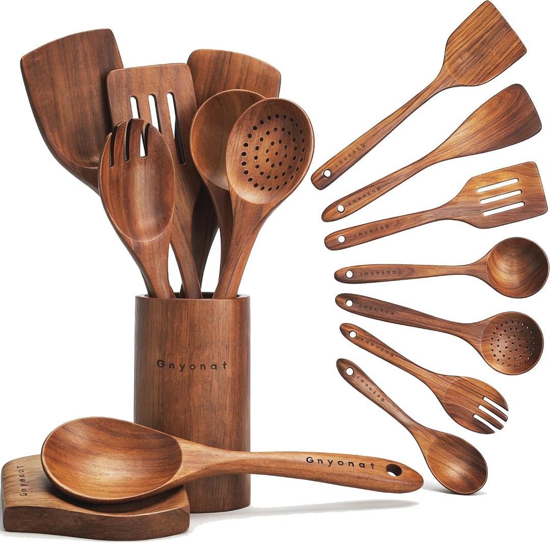 Wooden Spoons for Cooking,9 Pcs Teak Kitchen Utensil Set Wooden Cooking Utensils Wooden Spatula for Cooking