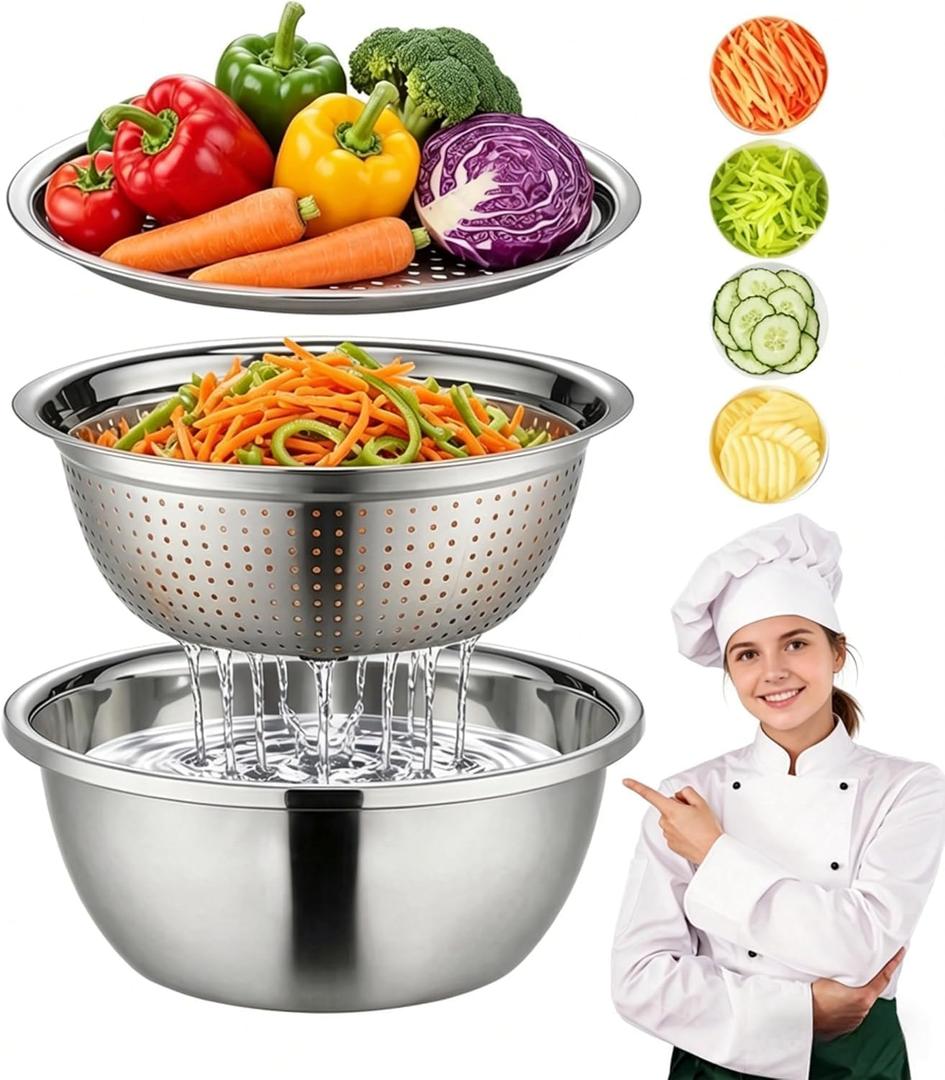 Germany Multifunctional Stainless Steel Basin - 2026 New 3-in-1 Grater Strainer and Drain Basket Set with Vegetable Slicer, 10.24 Inch for Kitchen Rinsing Draining Mixing