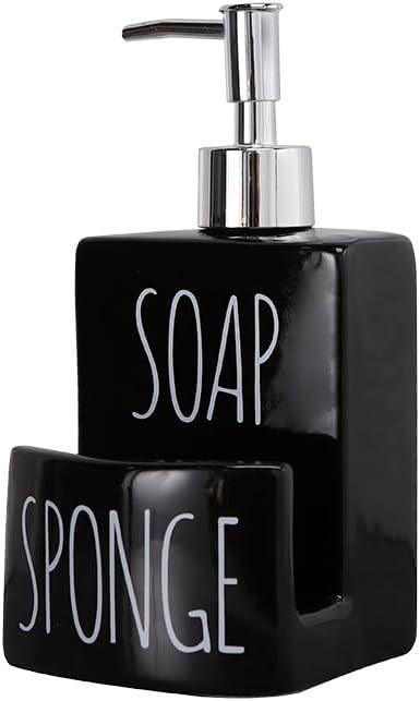 Ceramic Soap Dispenser with Sponge Holder - 2-in-1 Countertop Soap Pump Dispenser for Sink, Useful Kitchen Gadget - Black