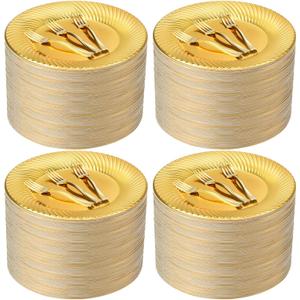 Tioncy 200 Pcs Gold Plastic Dessert Plates with Mini Forks Set for 100 Guests Includes 100 Pcs 7'' Disposable Cake Plates 100 Pcs 3.94'' Gold Plastic Forks for Wedding Birthday Party Dessert Table