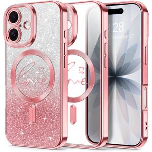 Hython for iPhone 17 Case Glitter, Compatible with MagSafe Love Heart Magnetic Clear Phone Cases for Women Girls, Full Camera Protection Sparkle Plating Shockproof Protective Cover, Pink