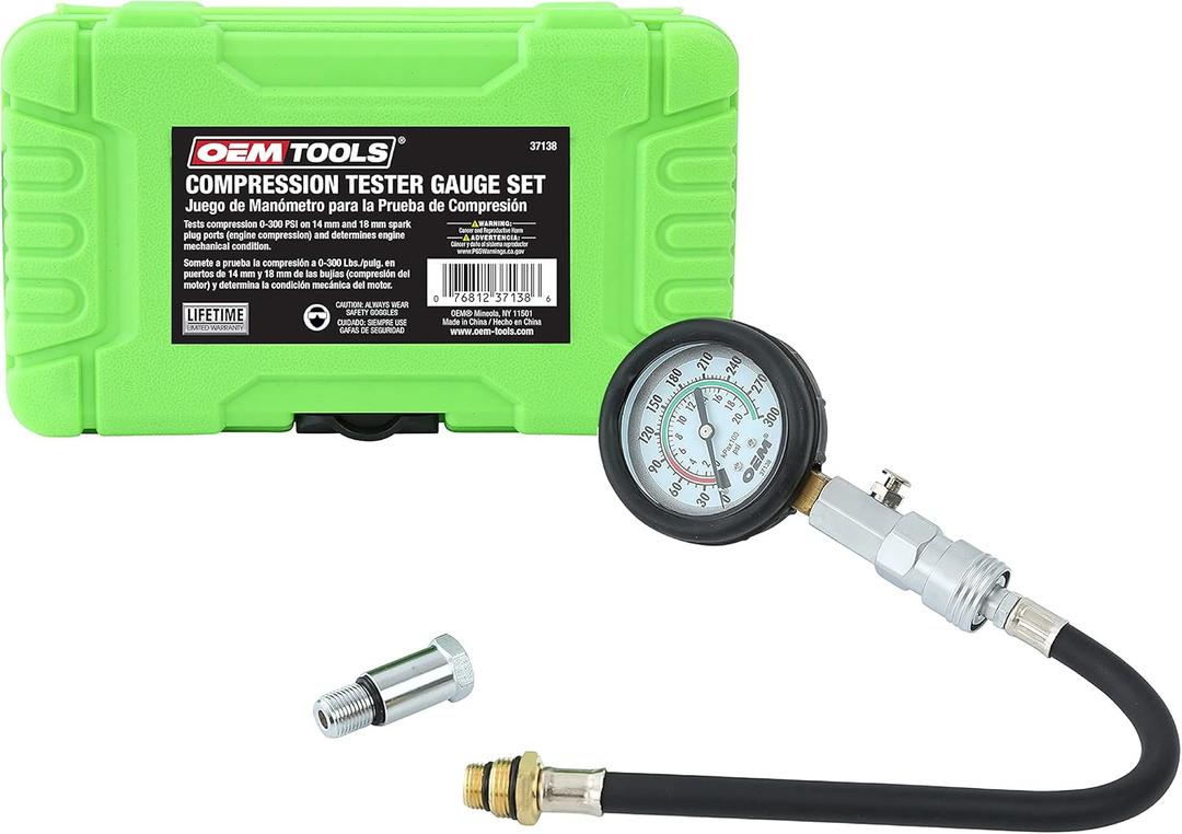OEMTOOLS 37138 Compression Tester Gauge Set, Compression Tester Automotive, Engine Compression Tester with Flexible Hose, 14mm and 18mm Adapters