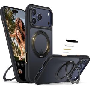 360 Magnetic Stand for iPhone 17 Pro Case, [Fit for MagSafe][Camera Control Button] Mil-Grade Protection Shockproof Slim Translucent Matte Ring Kickstand 17 Pro Case 6.3 Inch, Black