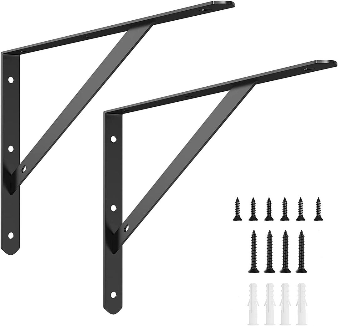 10 Inch Shelf Brackets, 2 Pack Heavy Duty L Brackets for Shelves, 90 Degree Triangle Metal Supports for DIY Floating Shelf with Screws (Black)