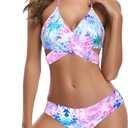 SHEKINI Women's Criss Cross Push Up Halter Bandage Bikini Set Floral Printed Swim Bottoms Two Piece Swimsuits (Medium, Printing - Y02)