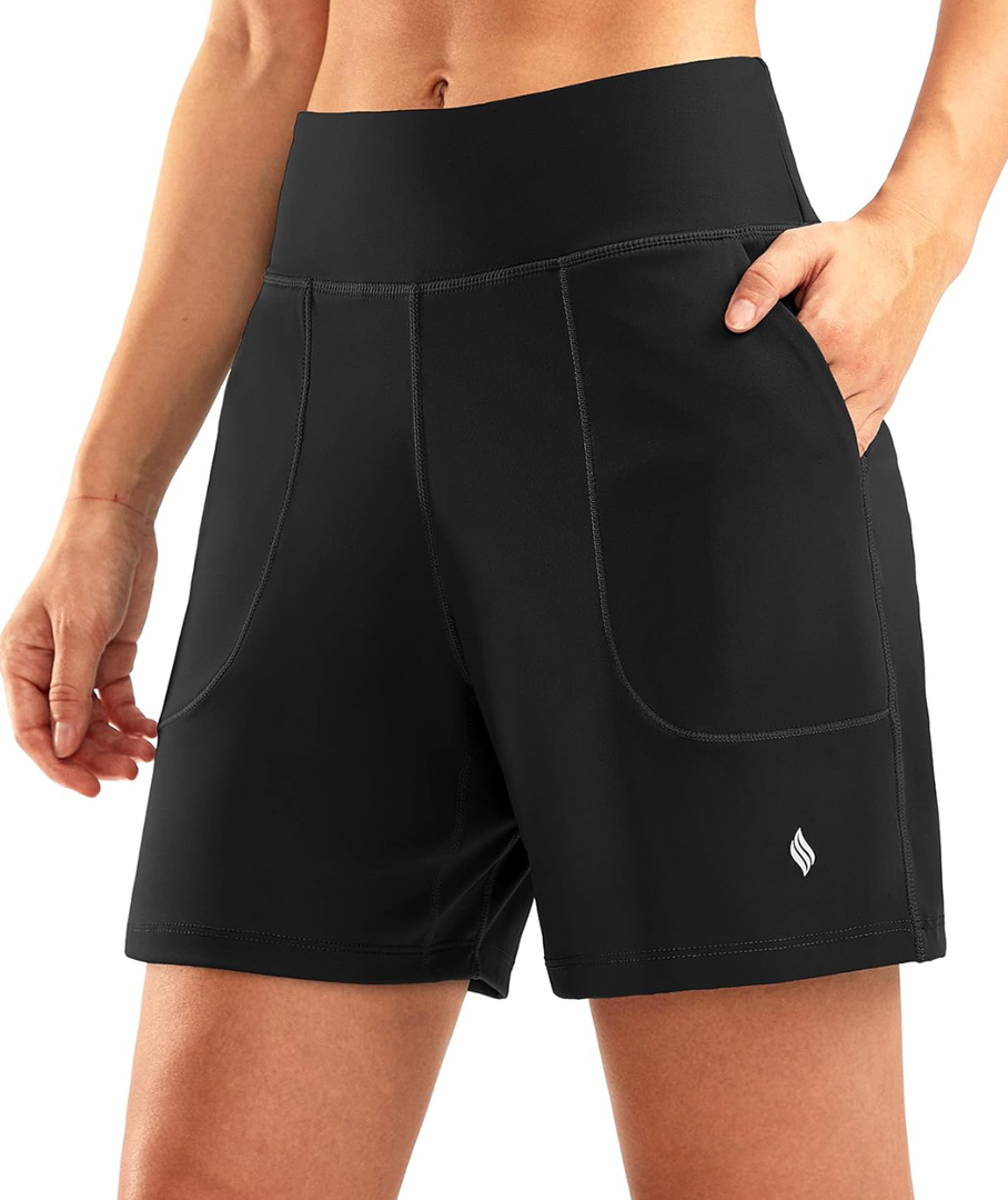 SANTINY Women's 6'' Athletic Long Shorts with 4 Pockets High Waisted Bermuda Shorts for Women Walking Running Casual XXL