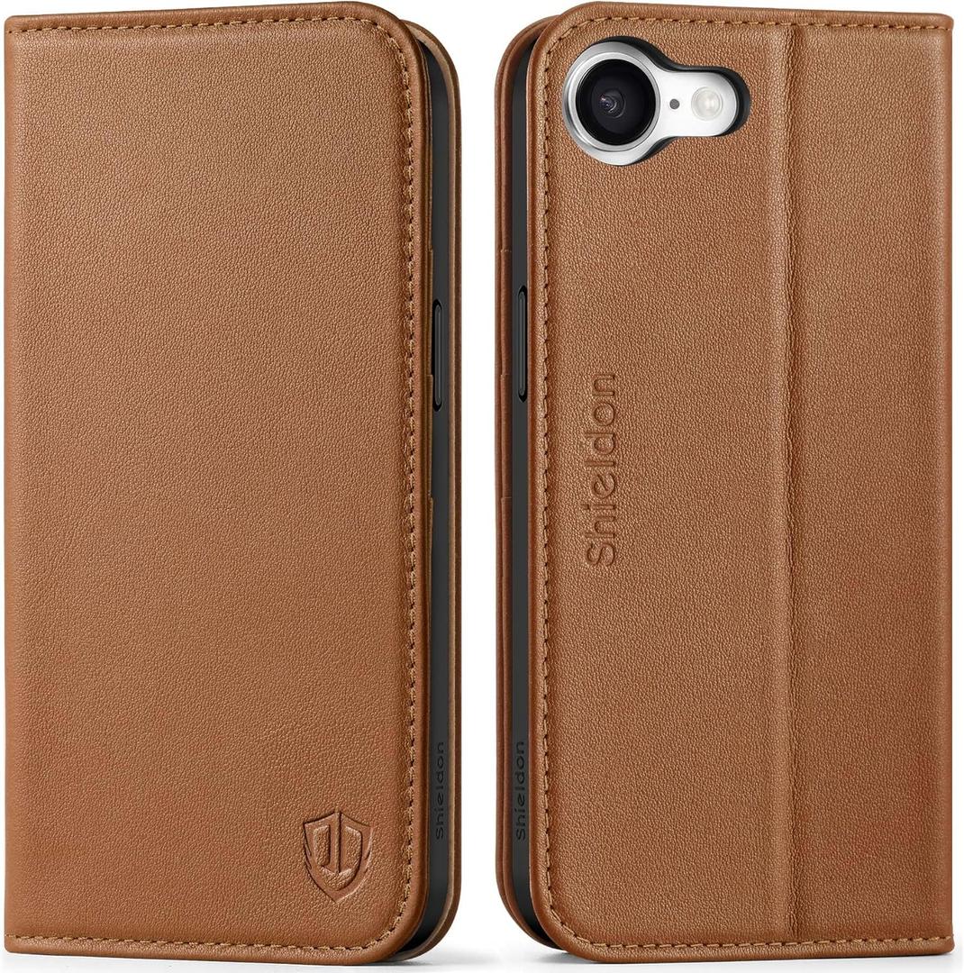 SHIELDON Wallet Case for iPhone 16e 6.1" 2025, Genuine Leather Flip Case Magnetic RFID Blocking Card Holder Kickstand Shockproof TPU Protective Cover Compatible with iPhone 16e 5G - Saddle Brown