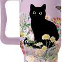 Cat Lover Gifts For Women, Stainless Steel Tumbler With Handle 40 Oz, Best Gifts For Cat Lovers, Birthday Christmas Valentine Anniversary Floral Gift For Women, Floral Tumbler Mug Cup