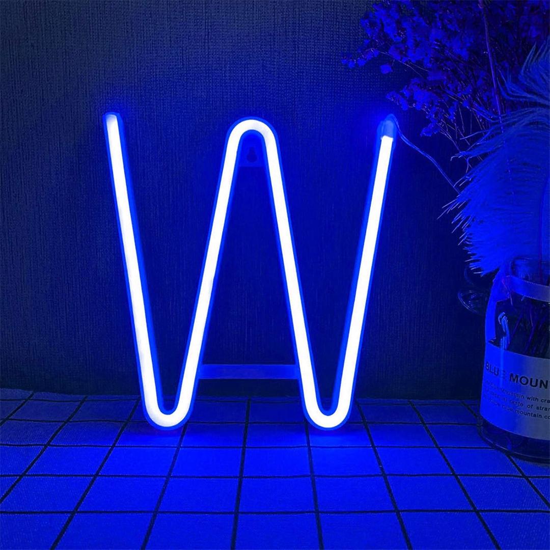 Blue Neon Letters Light LED Letter Signs USB/Battery Powered Lights LED Alphabet Sign Marquee Letter Decor Night Lights for Birthday Anniversary Bar Christmas Gifts Wedding Party Decoration (W)