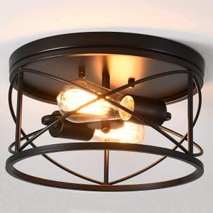 2-Light Flush Mount Ceiling Light Fixture, Industrial Modern Black Ceiling Lamp, Vintage Farmhouse Light Fixture for Hallway, Bedroom, Dining Room, Living Room, Kitchen, Entryway (Black ceiling light)