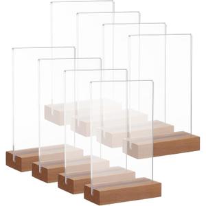 8 Pack Clear Acrylic Sign with Wood Base T Shape Sign Holder Vertical Acrylic Blank Stands Desktop Display Plastic Menu Frames Double Sided Flyer Stand for Wedding Restaurant Party Decoration