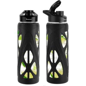 24 oz Glass Water Bottles with Silicone Sleeve and Flip Lid - Borosilicate Glass, Leakproof, BPA-Free, Perfect for Coffee, Tea and Water (Deep Black)