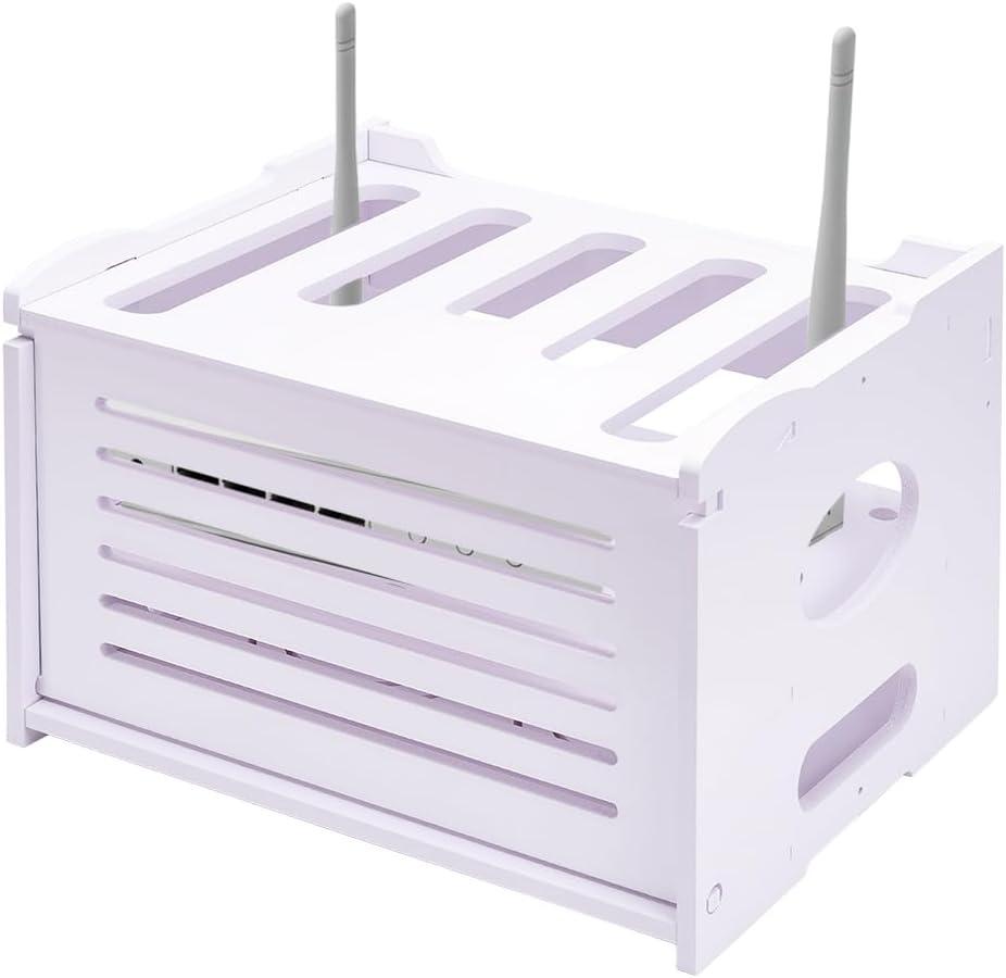 UNICRAFTALE Upgrade Routers Shelf Storage Rectangle PVC Plastic Routers Wire Storage Box 25x32x22cm White Modem Cable Box Shelf Power Strip Cable Management Hider Rack for Home Decorative