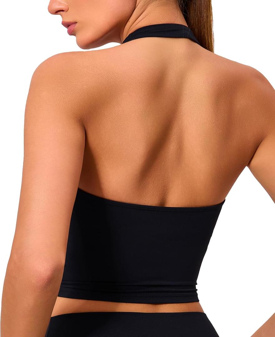 Oalka Women's Halter Sports Bra Longline Yoga Bra Gym Cropped Shirt Workout Tank Tops (Black, M)