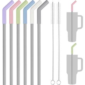 Tomorotec 40oz Straws, 13 Inch Stainless Steel Straw with Silicone Extender Tip for Stanley Adventure Quencher Tumbler 6-Pack with 2 Brushes, 0.35" Diameter Straws Food Grade BPA-Free Colorful Set (Multicolor)