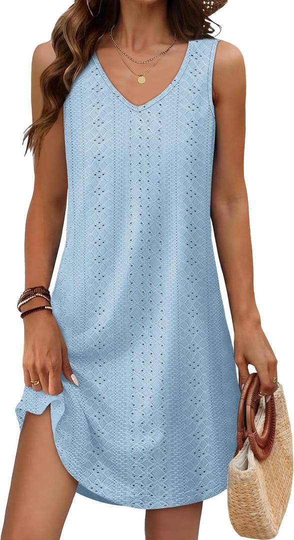 Aokosor Womens Summer Dresses 2025 Loose V Neck Sleeveless Dress Sundresses Swimsuit Coverup (X-Large, Eyelet Blue)
