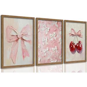 Pink Bow Canvas Wall Art Set of 3 Framed Preppy Girly Wall Decor with Cute Bows & Cherries Vintage Pink Aesthetic Artwork for Bedroom Bathroom Dorm, Natural Wood Frame 12x16