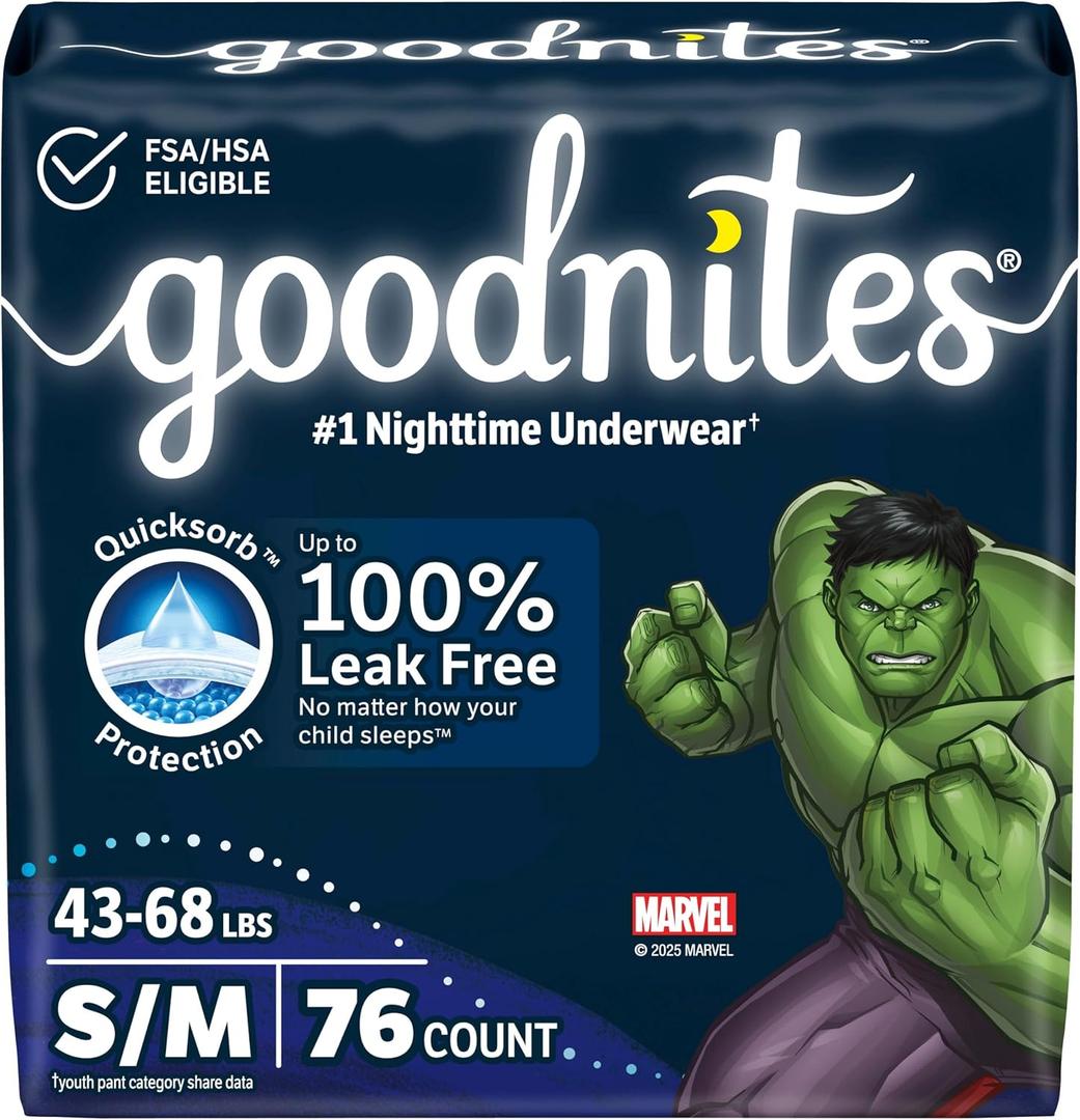Goodnites Boys' Bedwetting Underwear, Size S/M (43-68 lbs), 76 Ct (2 Packs of 38), Packaging May Vary