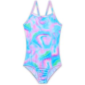 Girls Swimsuit Size 4-5t Blue Purple Scrawl Bathing Suit One Piece Swimwear with UPF 50+ Sun Protection
