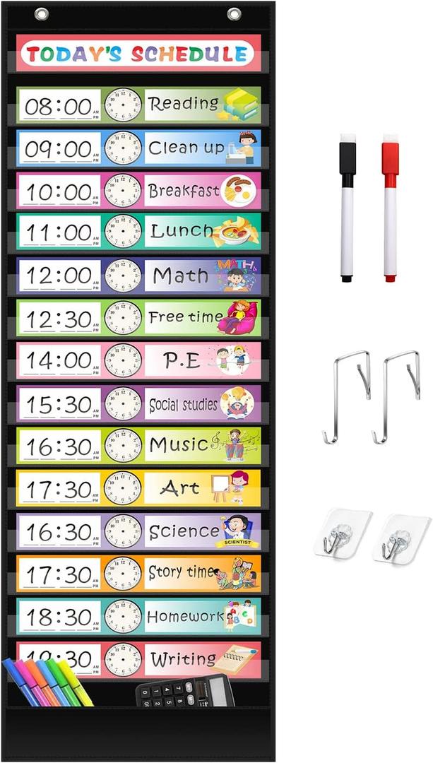 REGELETO 15+1 Pockets Daily Schedule Pocket Chart with 30 Pcs Double-Sided Reusable Cards, Scheduling Pocket Chart for Classroom Office Home Preschool Activity(Black)