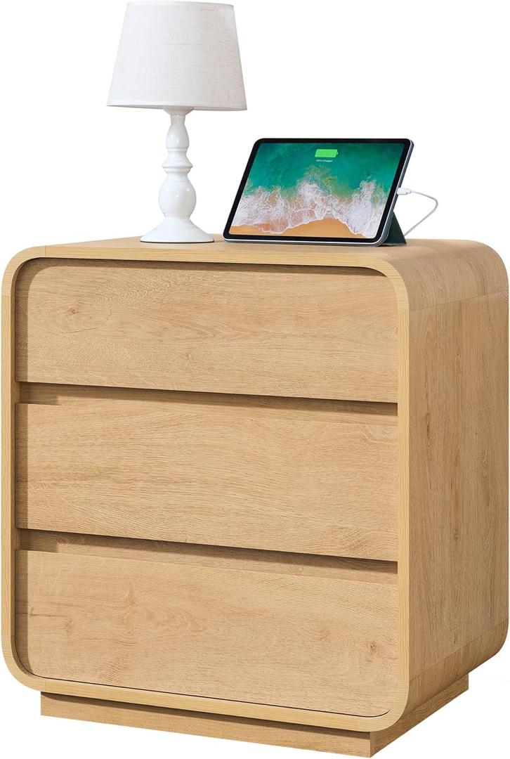 Modern Nightstand, 25" Tall Wood Bedside Table with Charging Station, 3 Drawers Dresser Side Table, Large End Table Night Stand for Bedroom, Office, Sofa, Curved Profile Design, Natural