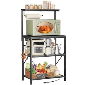 Huuger 4-Tier Bakers Rack with Reversible Power Outlet, 23.6 Inch Microwave Stand, Kitchen Coffee Bar, with Top Shelf, 6 S Hooks, Black