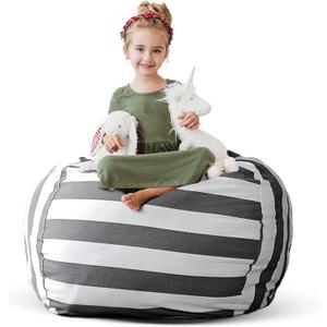 Creative QT Stuff n Sit Extra Large 38 Bean Bag Storage Cover for Stuffed Animals & Toys, Giant Beanbag Chair for Kids Ages 3-14, Bedroom Organizer, Grey/White Striped