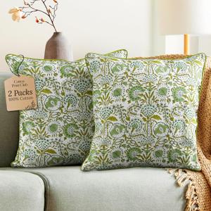 CPC 100% Cotton Throw Pillow Covers 20x20 Inch, Set of 2 Green Block Print Pattern Couch Pillow, Cute Boho Decorative Pillows for Living Room, Bedroom with Hidden Zipper- Agate Green