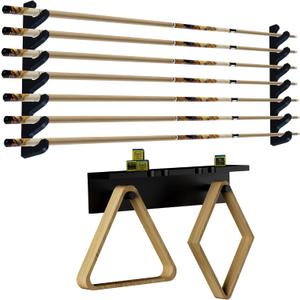 Black Wall-Mounted Pool Stick Holder, Wooden Billiards Pool Cue Rack Holds 7 Cue Sticks and 2 Pool Ball Racks, Pool Table Accessories Organizer for Billiard Rooms or Clubs