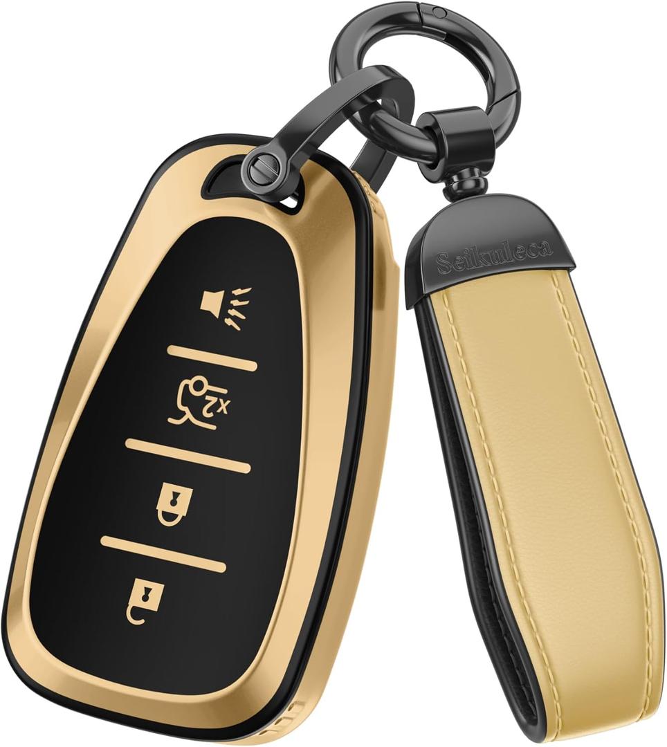 2 x For Chevy Key Fob Cover Accessories- Matte TPU Key Fob Cover with Leather Keychain for Equinox Malibu Camaro Cruze Blazer Traverse Trax and More. (Champagne Gold, 4-Buttons)