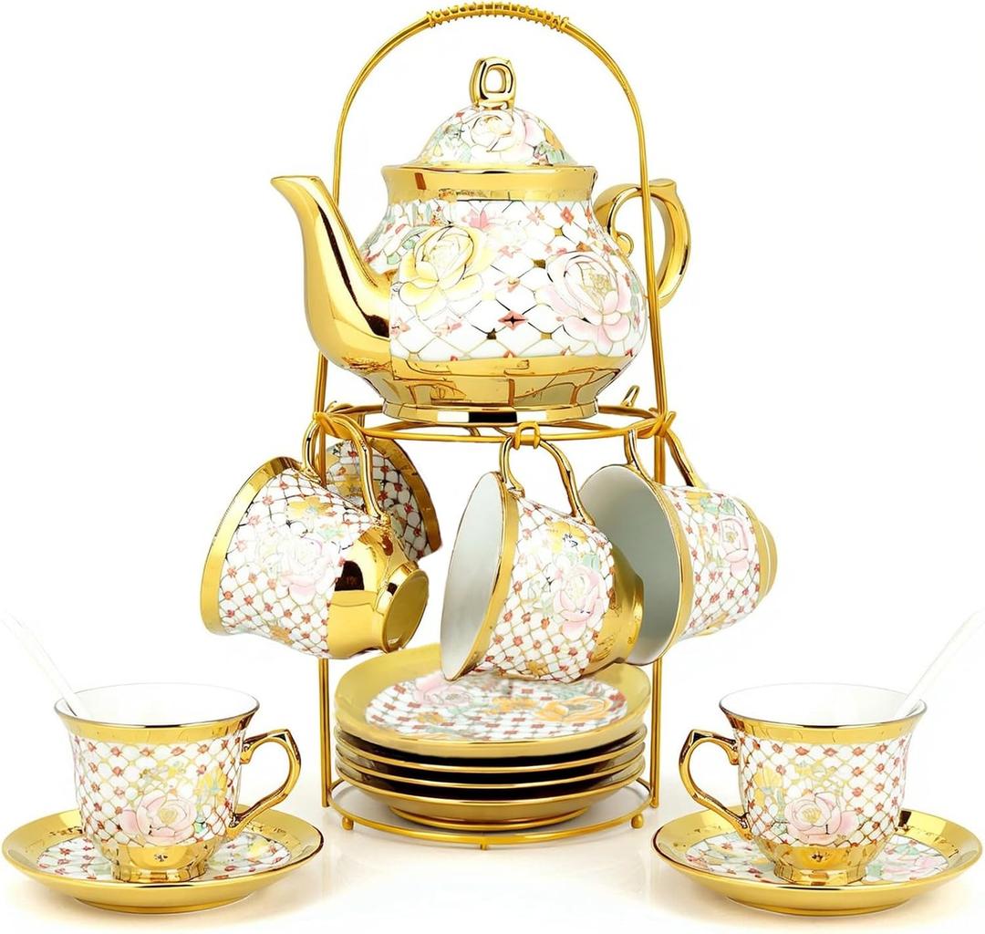 European Ceramic Tea Set for 6 People,20Pcs Porcelain Tea Set with Metal Stand,Vintage Floral Tea Cup and Saucer,Complete Gift Set with Teapot,Spoons for Wedding,Bridal Shower,Afternoon Tea (Gold)