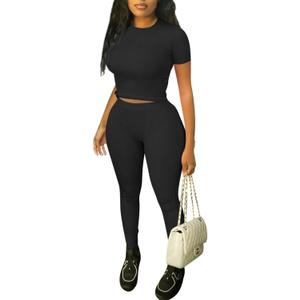 ZFLM Casual Workout Two Piece Outfits for Women Fitted Crew Neck T-shirt High Waist Pants Matching Sets Streetwear (Medium, Black)